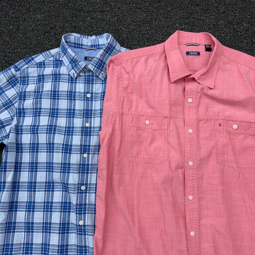 Lot 2 IZOD Mens Short Sleeve Button Down Shirts Blue Plaid Pink XL L 45P5062